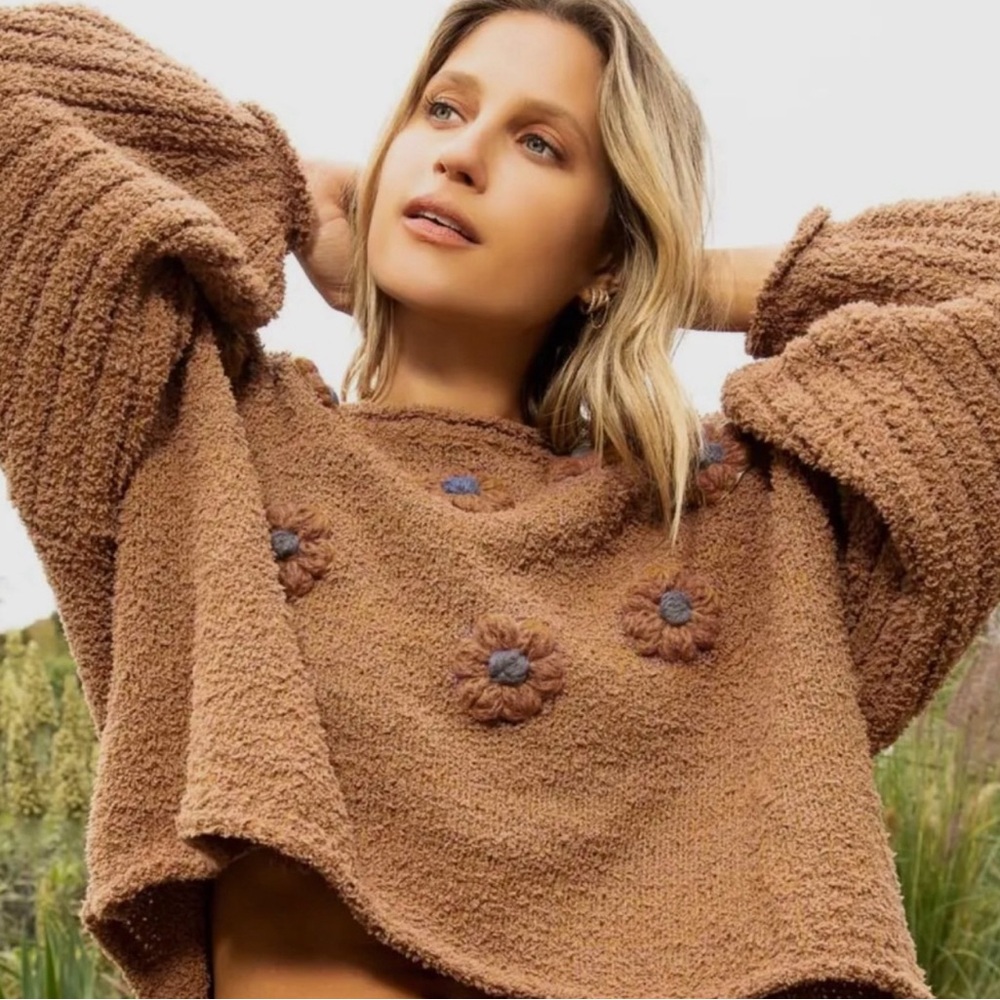 POL Cozy Cute Brown Textured Knit Sweater | Flower Patchwork